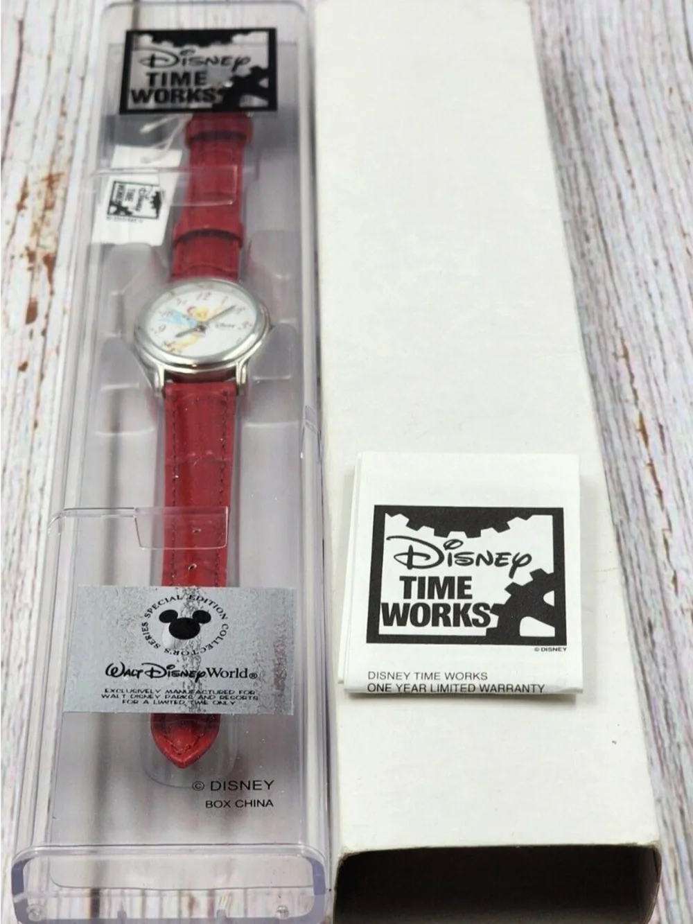 VTG Disney Time Works Tinker bell Silver Watch Red Leather NIB Holiday Edition